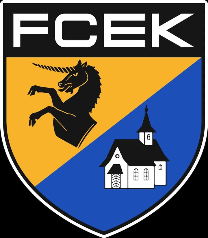 Retro-Wappen des FC Ebnat-Kappel mit Einhorn und Kapelle, farbig